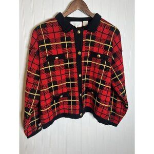 Women’s Vintage Red Plaid Sweater Gold Buttons Shoulder Pads Size Large Petite
